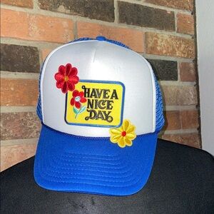 Blue and White Trucker Hat with Floral‎ Design